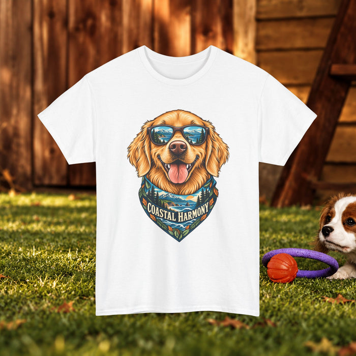 Golden Retriever Coastal Harmony T-Shirt — Dog Lover Beach Tee