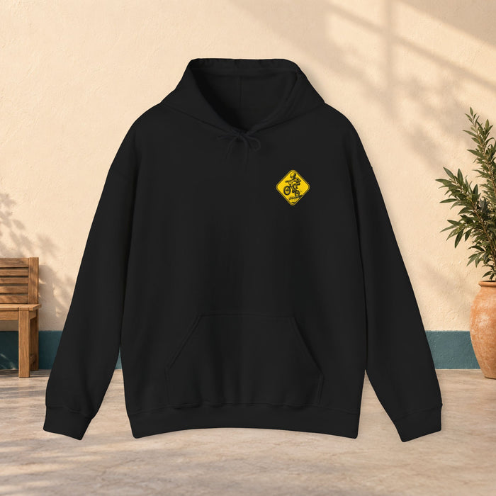 Jump Rider Hoodie — Yellow Warning Sign Graphic Pullover