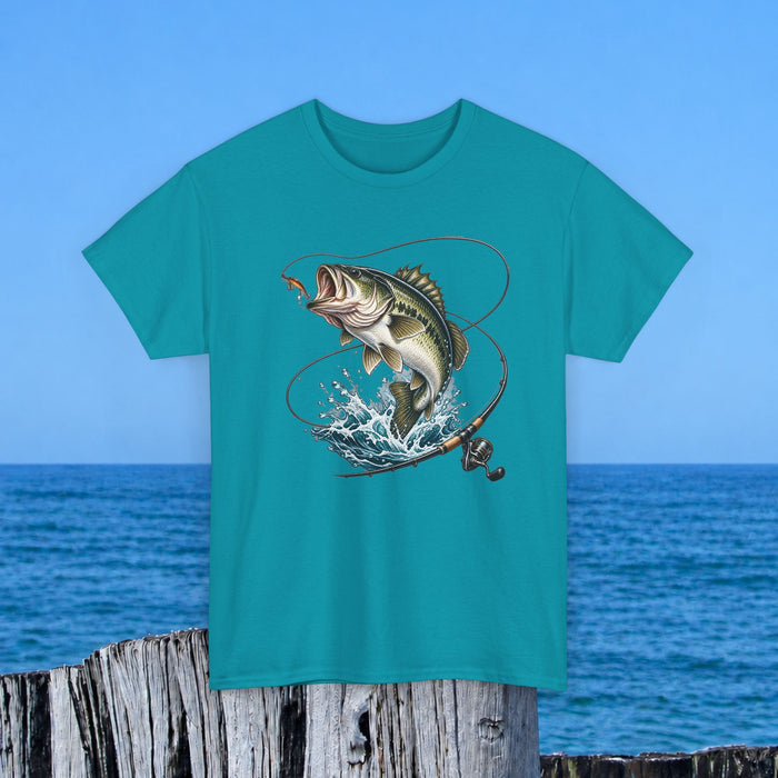 Bass Fishing T-Shirt – Leaping Fish & Reel Graphic Tee