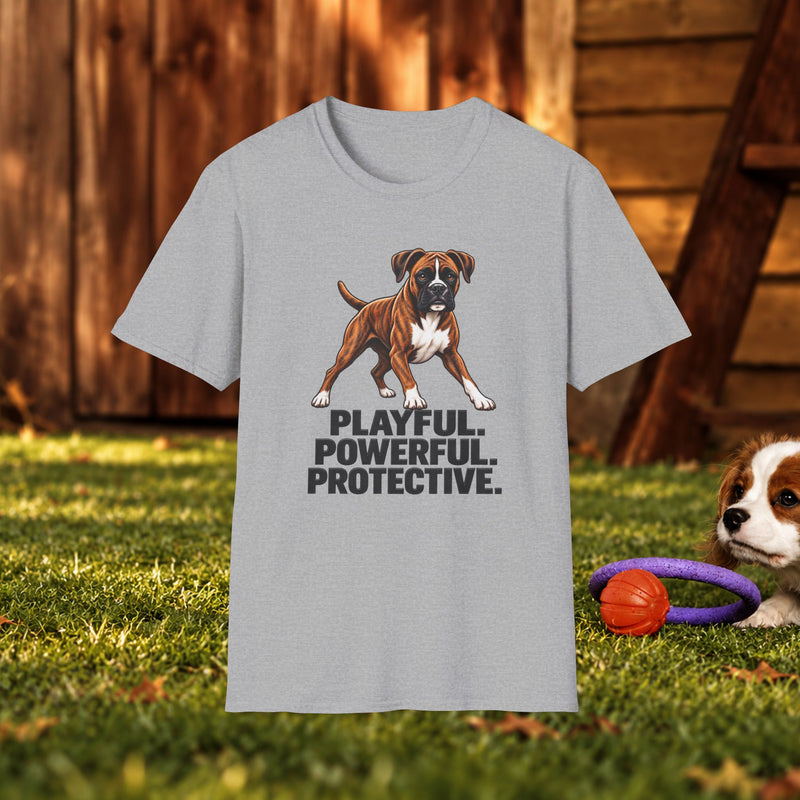 Boxer Dog T-Shirt — Playful. Powerful. Protective. Pet Lover Tee