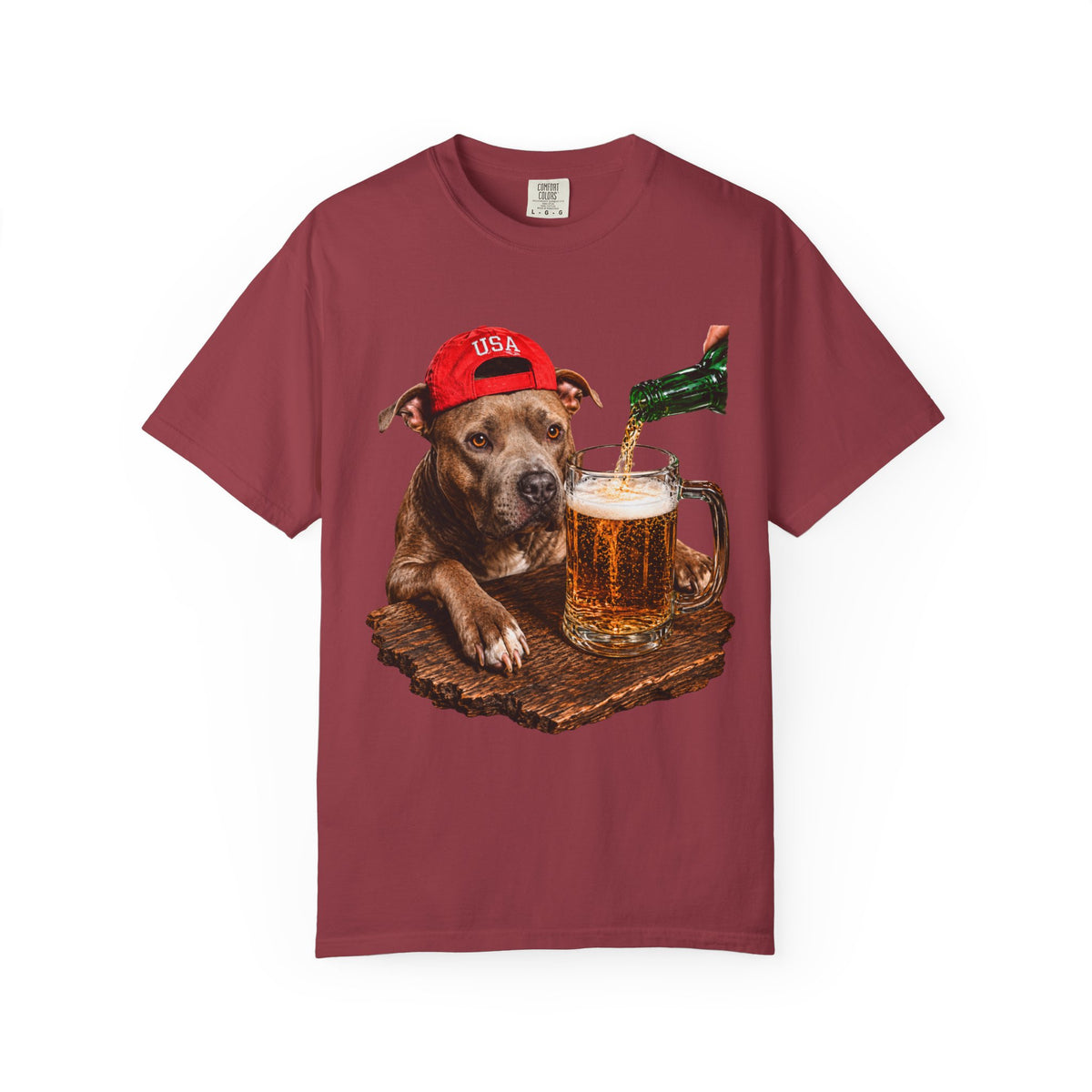 Dog with Beer T-Shirt — USA Red Cap Pitbull Drinking Beer Graphic Tee