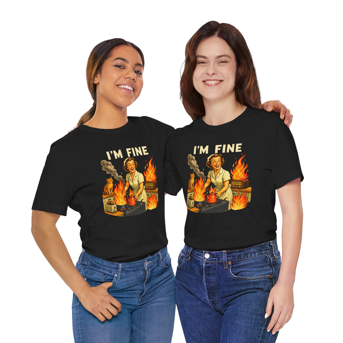 I'm Fine T‑Shirt — Retro Housewife Amid Kitchen Flames Graphic Tee