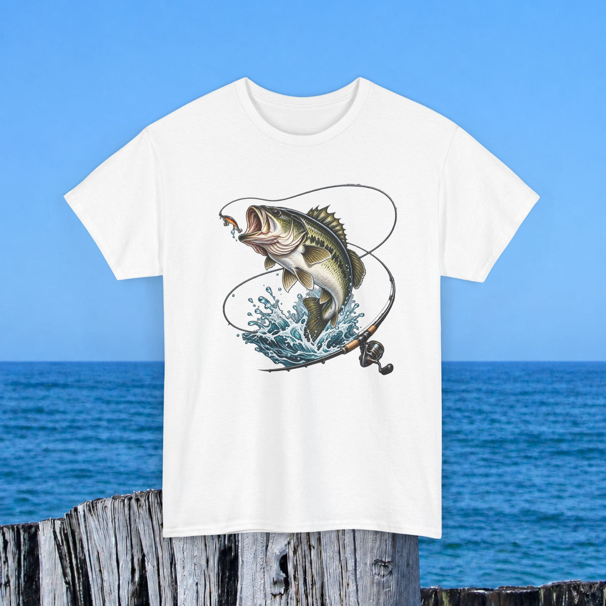 Bass Fishing T-Shirt – Leaping Fish & Reel Graphic Tee