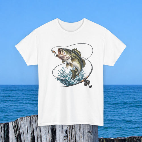 Bass Fishing T-Shirt – Leaping Fish & Reel Graphic Tee