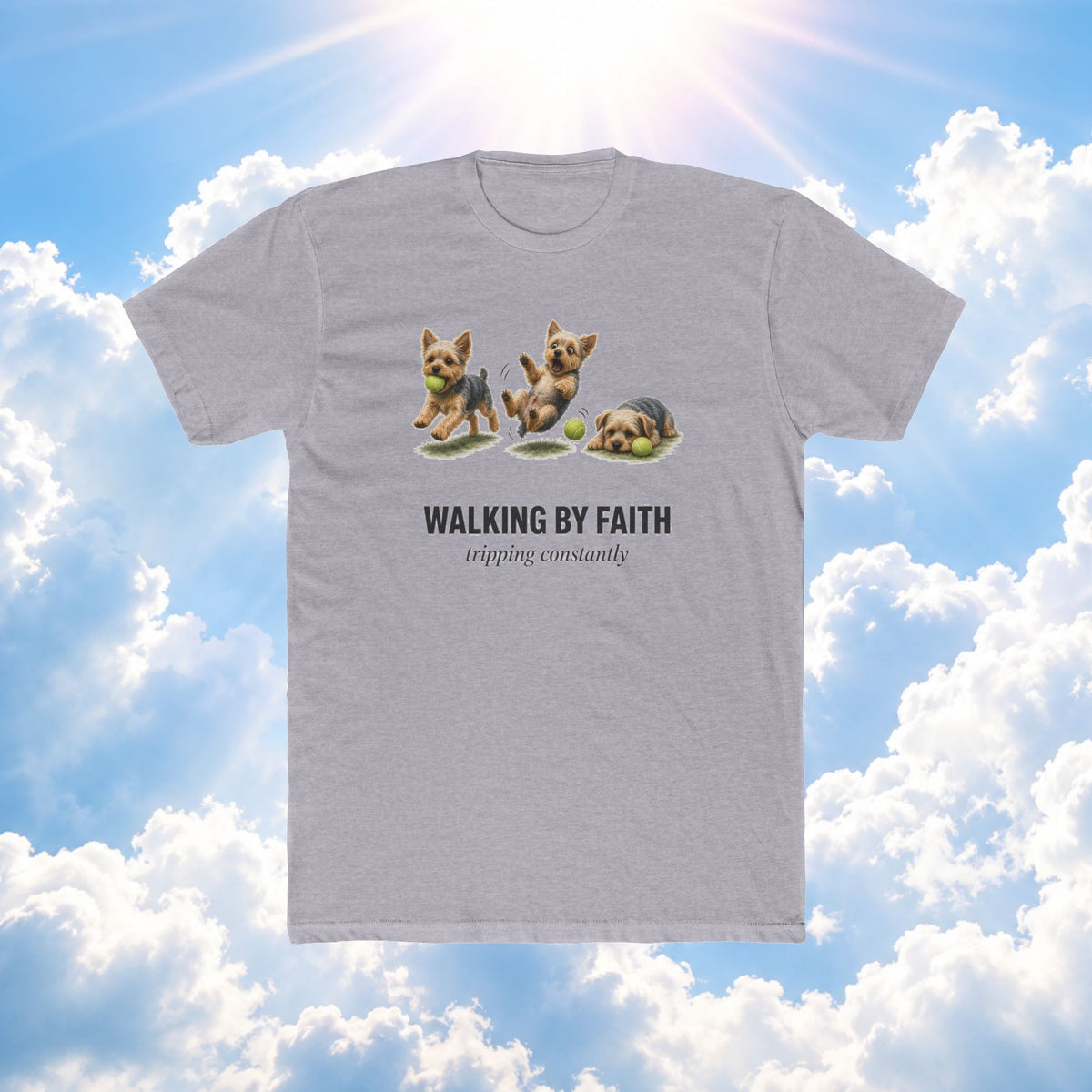 Walking by Faith Tee – Cute Puppy 'Walking By Faith, tripping constantly' Christian Graphic T-Shirt