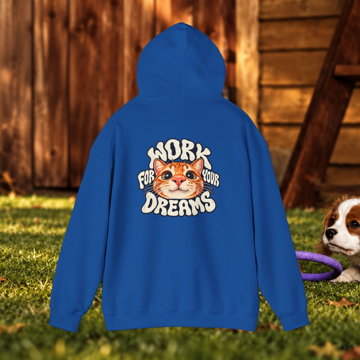 Hoodie - "Work For Your Dreams" Cute Cat Retro Graphic Hooded Sweatshirt