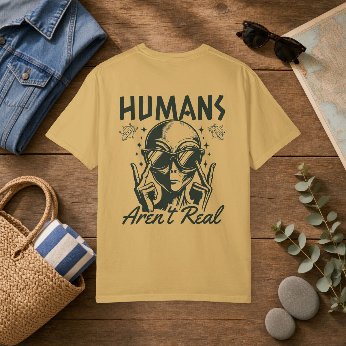 Alien Graphic T-Shirt — "Humans Aren't Real" Retro UFO Tee
