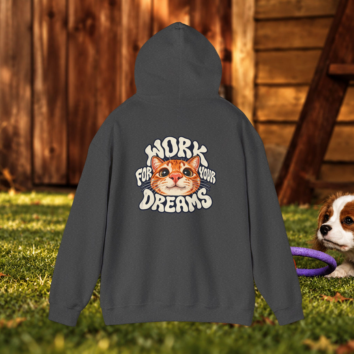Hoodie - "Work For Your Dreams" Cute Cat Retro Graphic Hooded Sweatshirt