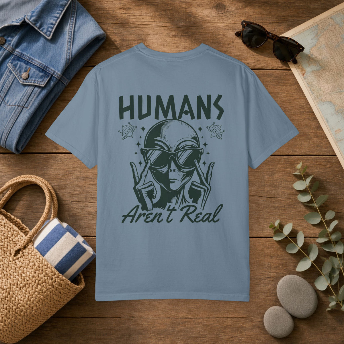 Alien Graphic T-Shirt — "Humans Aren't Real" Retro UFO Tee