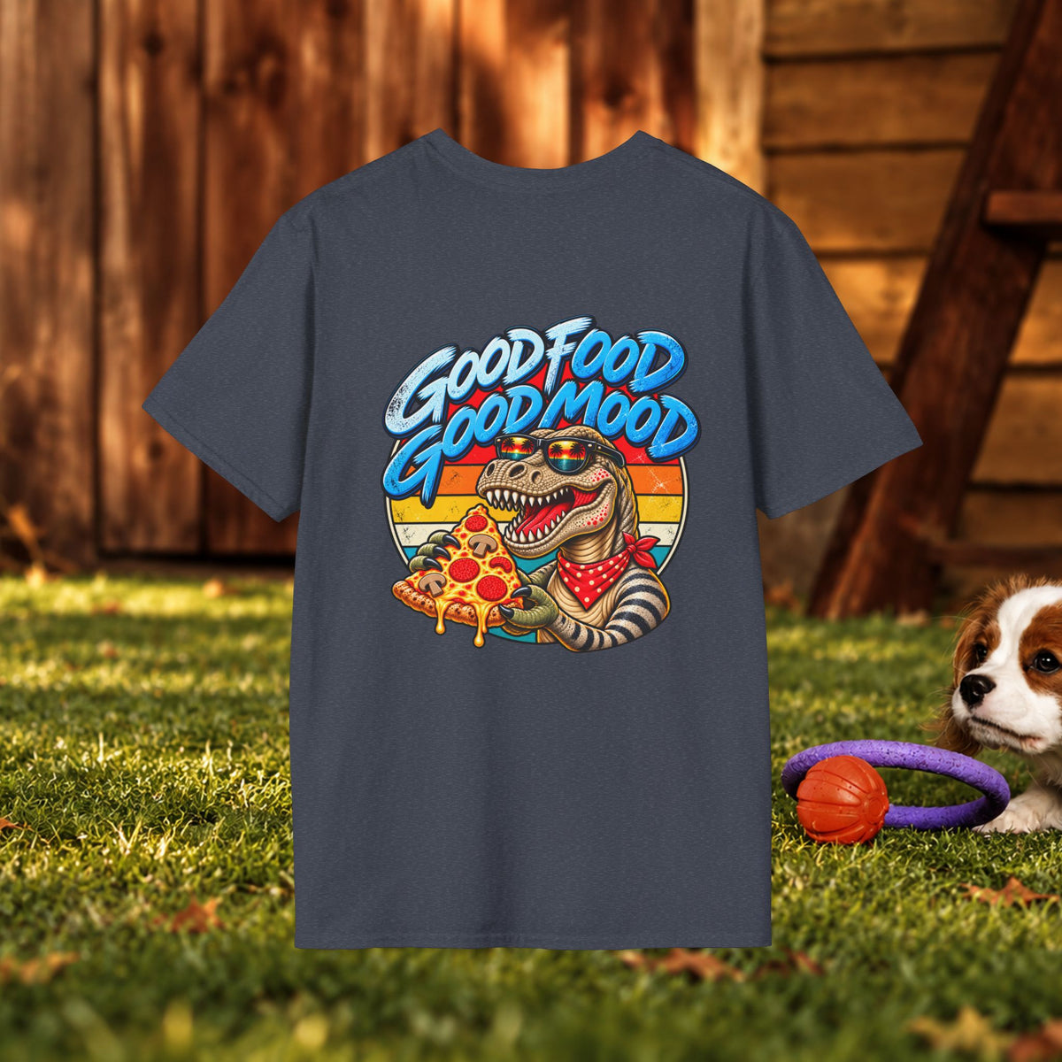 T-Shirt — "Good Food Good Mood" Raccoon Pizza Graphic Tee