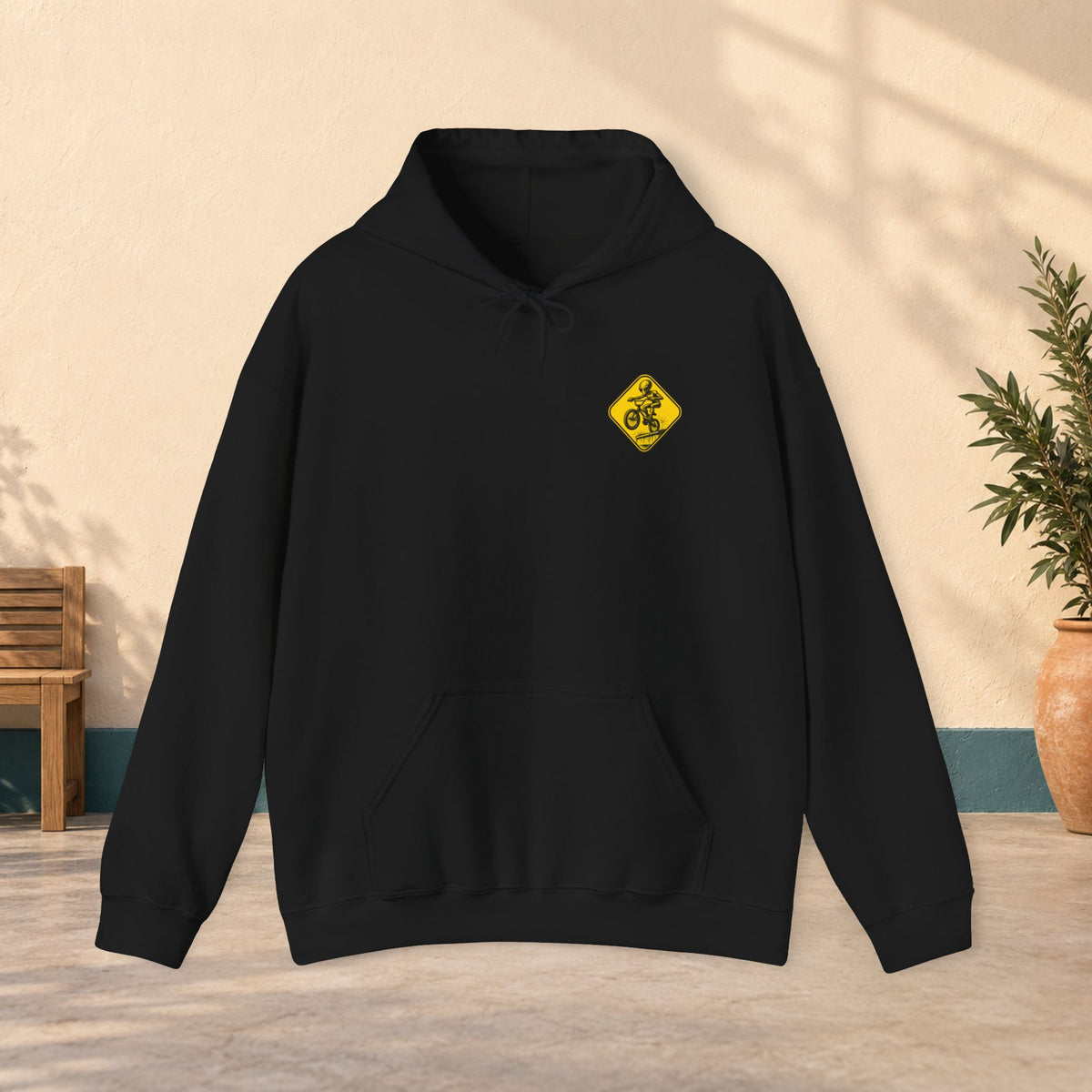 Jump Rider Hoodie — Yellow Warning Sign Graphic Pullover