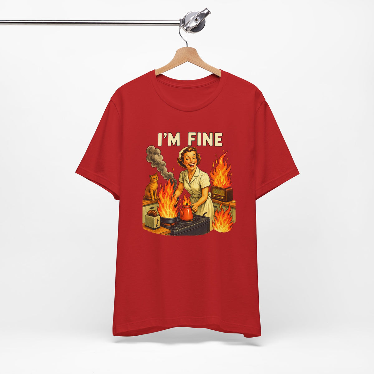 I'm Fine T‑Shirt — Retro Housewife Amid Kitchen Flames Graphic Tee