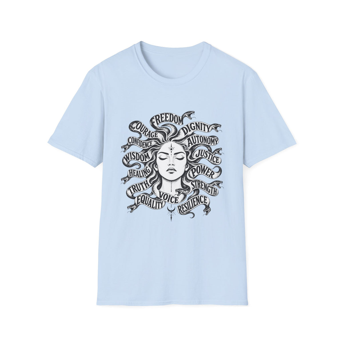 T-Shirt — Feminist Goddess Typography Tee (Freedom • Dignity • Autonomy • Justice)