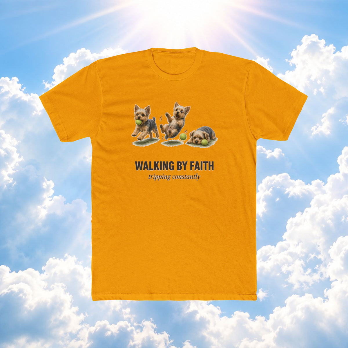 Walking by Faith Tee – Cute Puppy 'Walking By Faith, tripping constantly' Christian Graphic T-Shirt