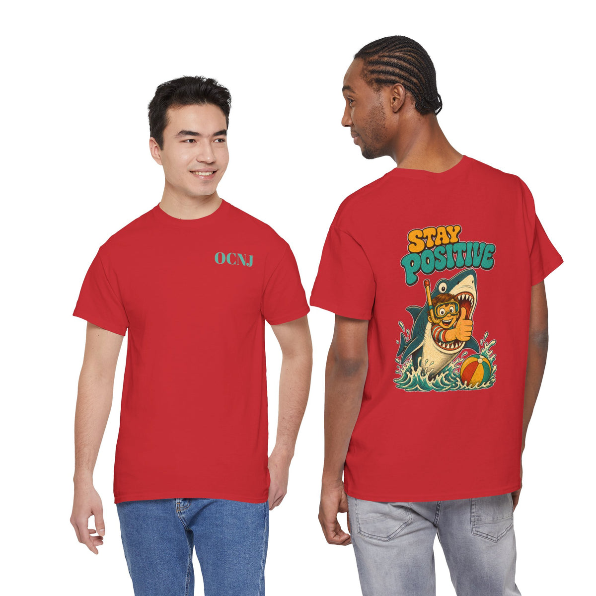 Stay Positive Shark Tee - Retro Surf Graphic T-Shirt