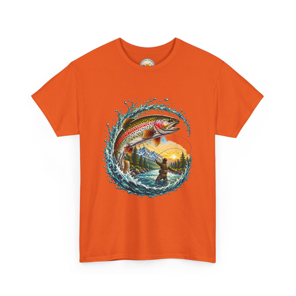 Fishing T-Shirt — Rainbow Trout Wave Design (Fisherman Sunset Scene)