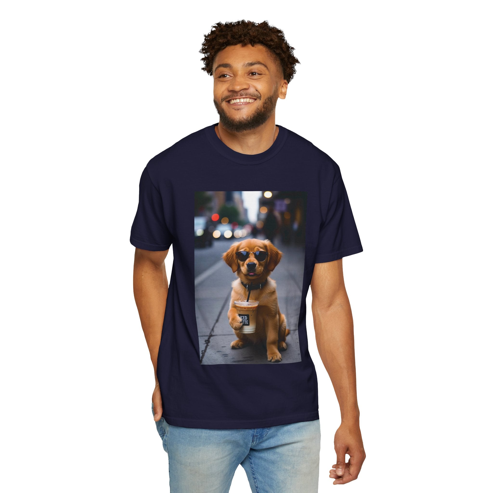 Puppy Coffee Photo T-Shirt — Cute Dog Street Photo Tee