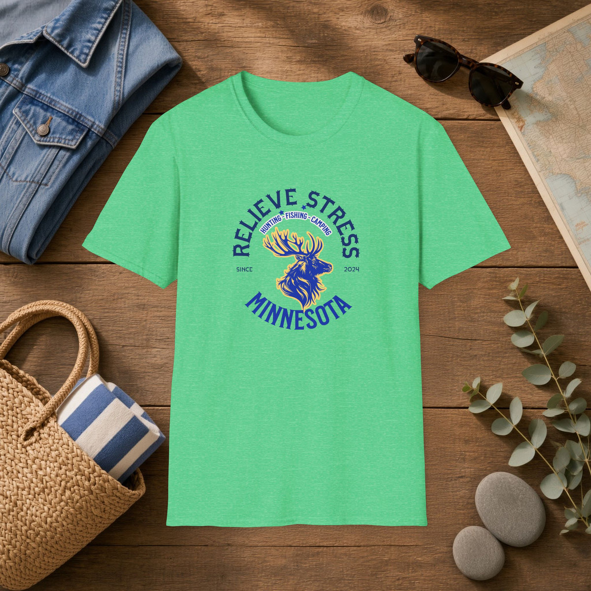 Believe Stress With Nature Minnesota T-Shirt — Relaxing Outdoors Elk Tee