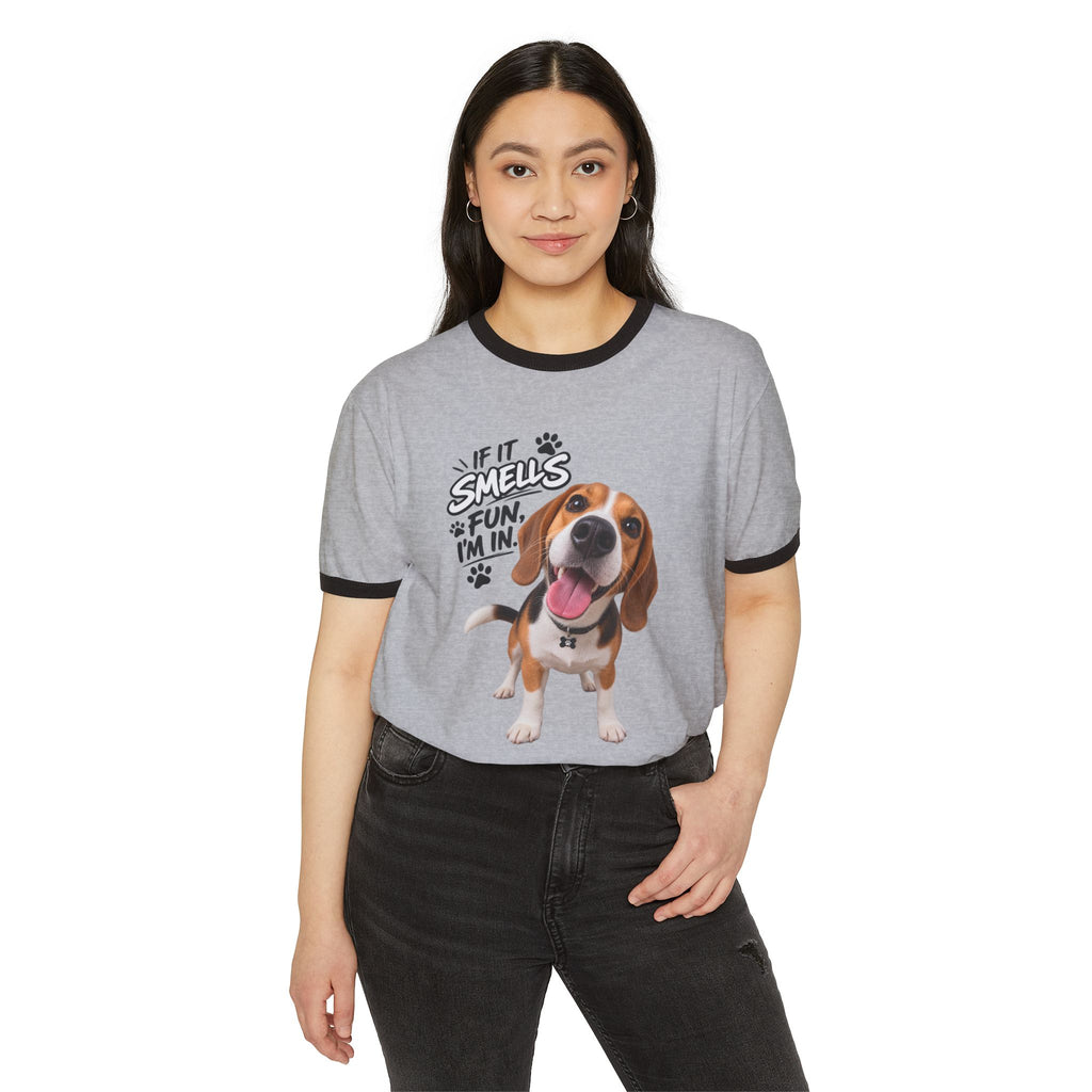 Beagle Smiles Ringer T-Shirt — "If It Smells Fun I'm In" Dog Tee