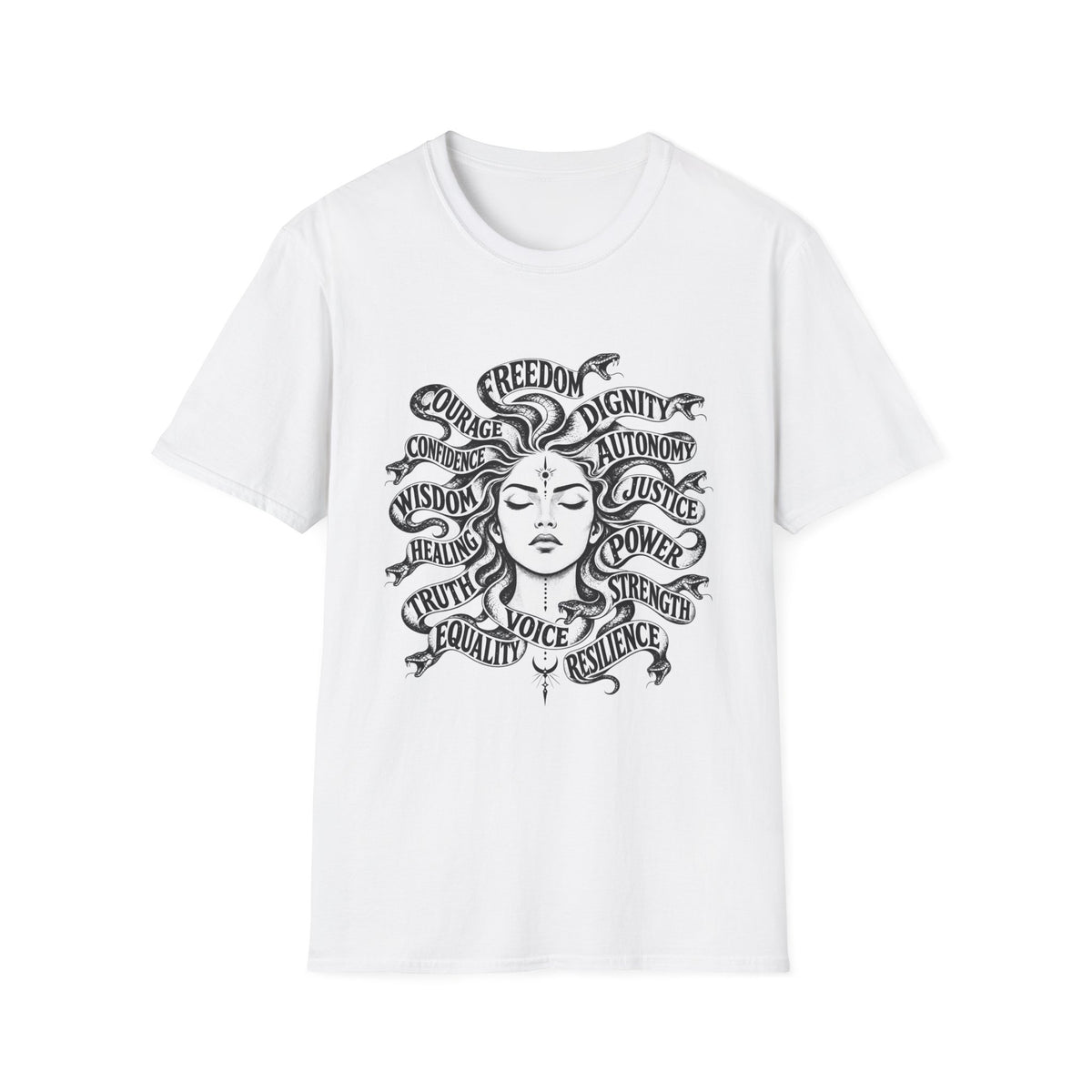 T-Shirt — Feminist Goddess Typography Tee (Freedom • Dignity • Autonomy • Justice)