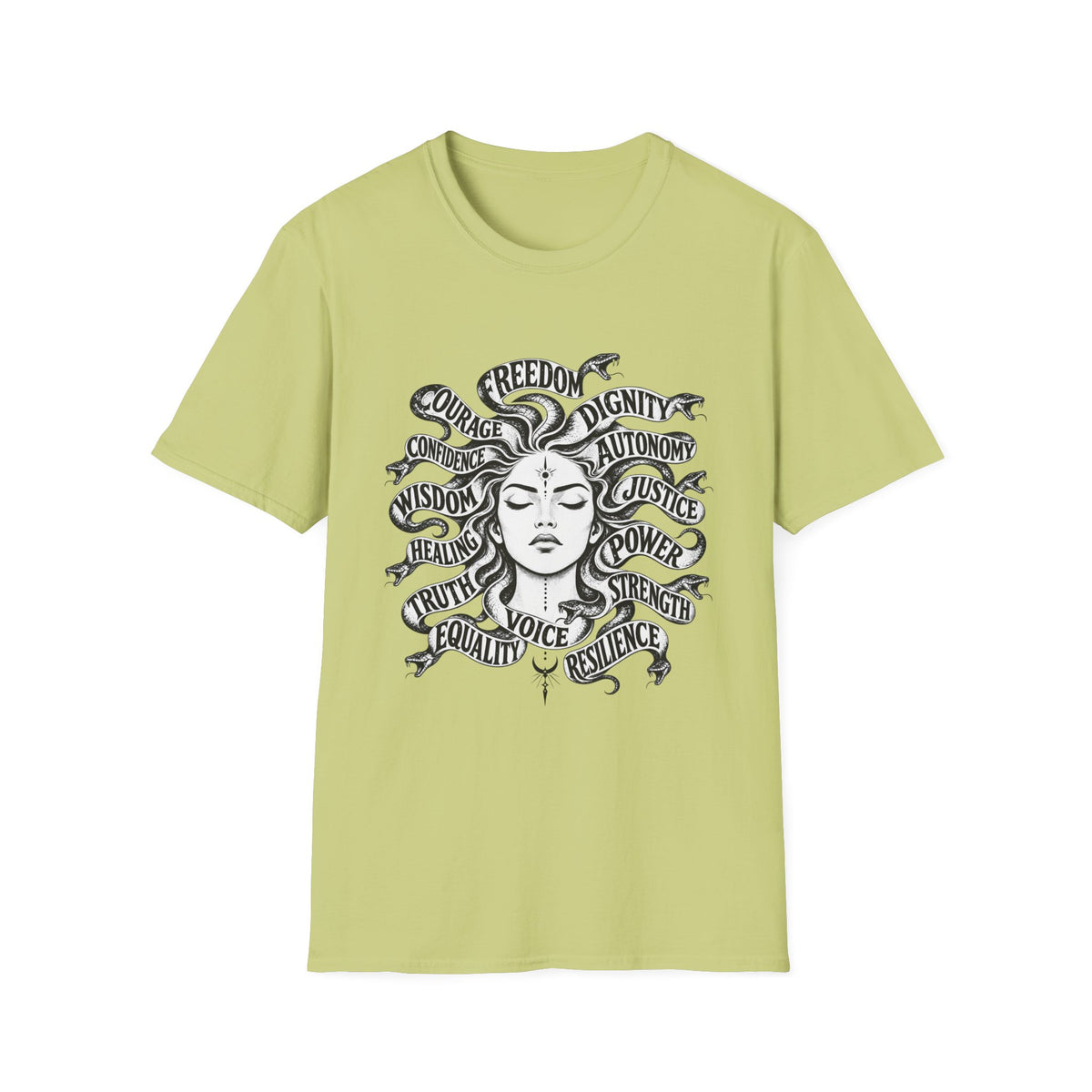 T-Shirt — Feminist Goddess Typography Tee (Freedom • Dignity • Autonomy • Justice)