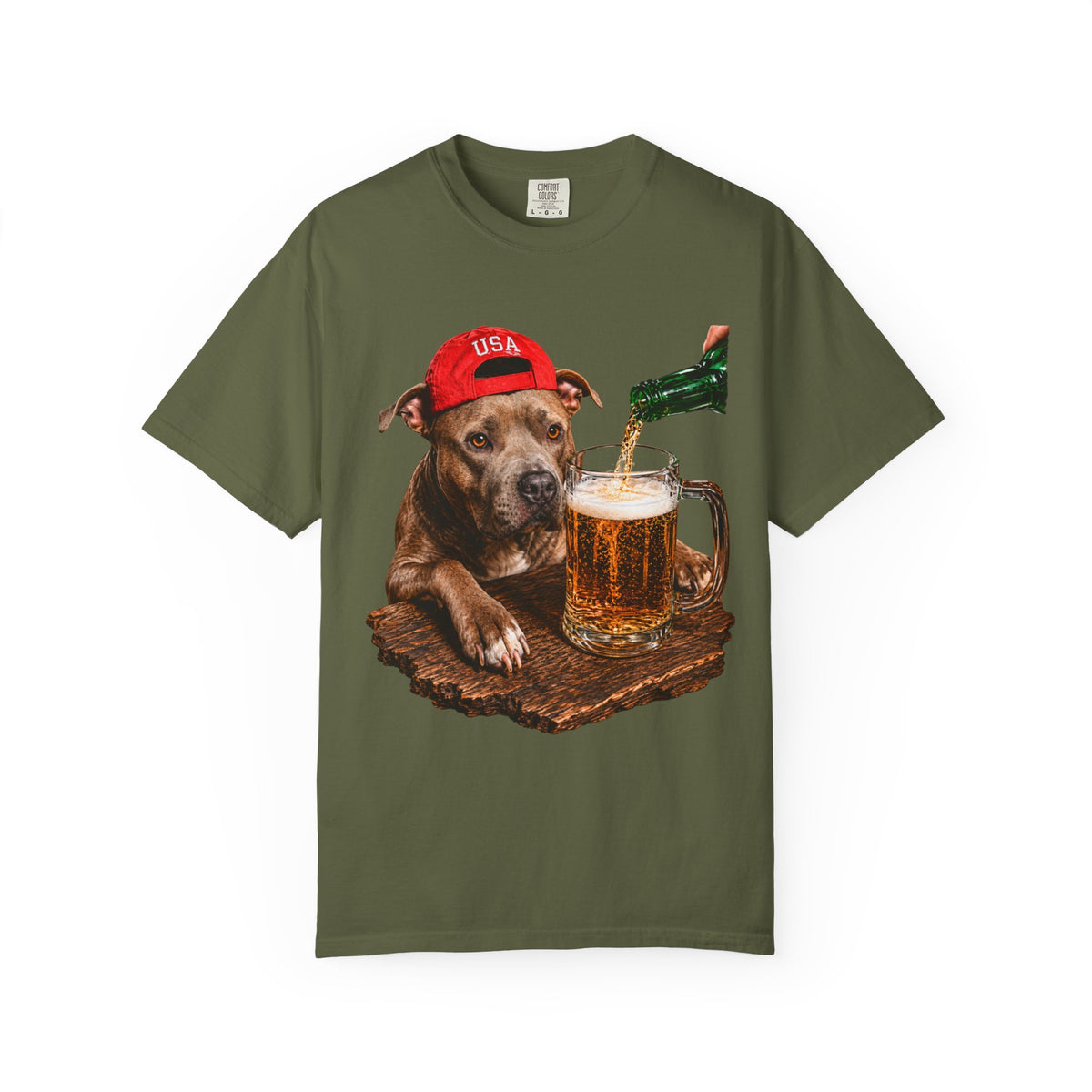 Dog with Beer T-Shirt — USA Red Cap Pitbull Drinking Beer Graphic Tee