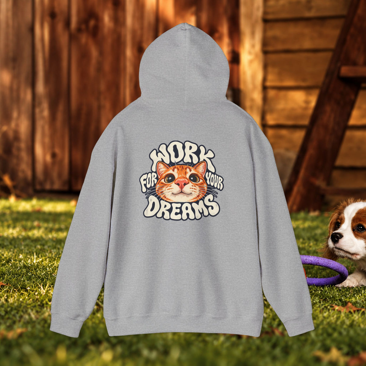 Hoodie - "Work For Your Dreams" Cute Cat Retro Graphic Hooded Sweatshirt
