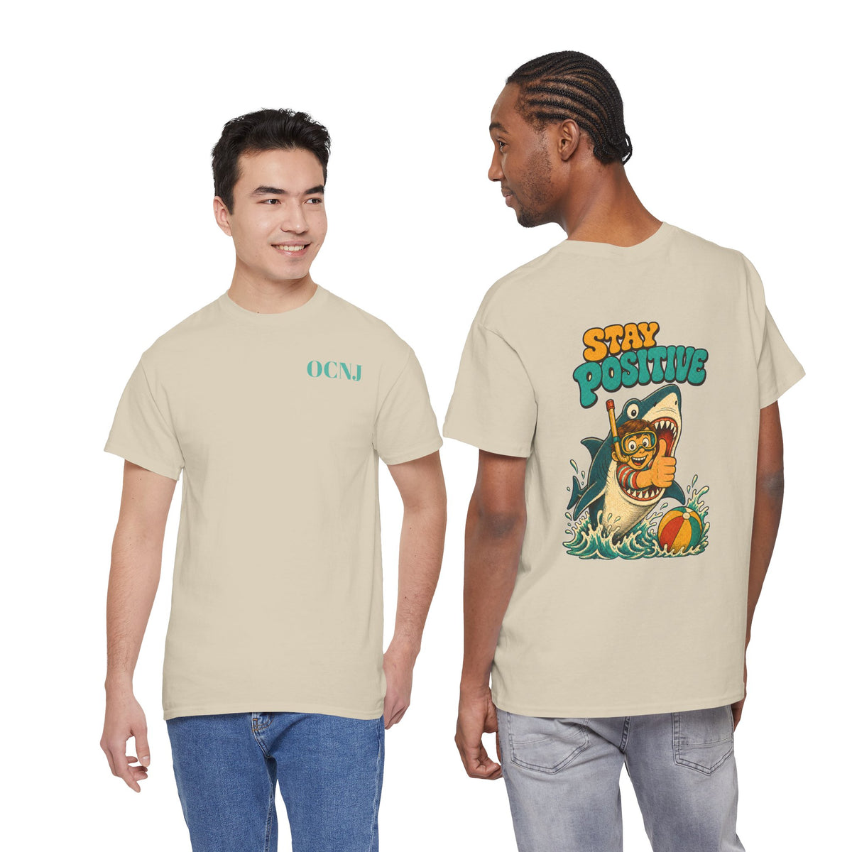 Stay Positive Shark Tee - Retro Surf Graphic T-Shirt