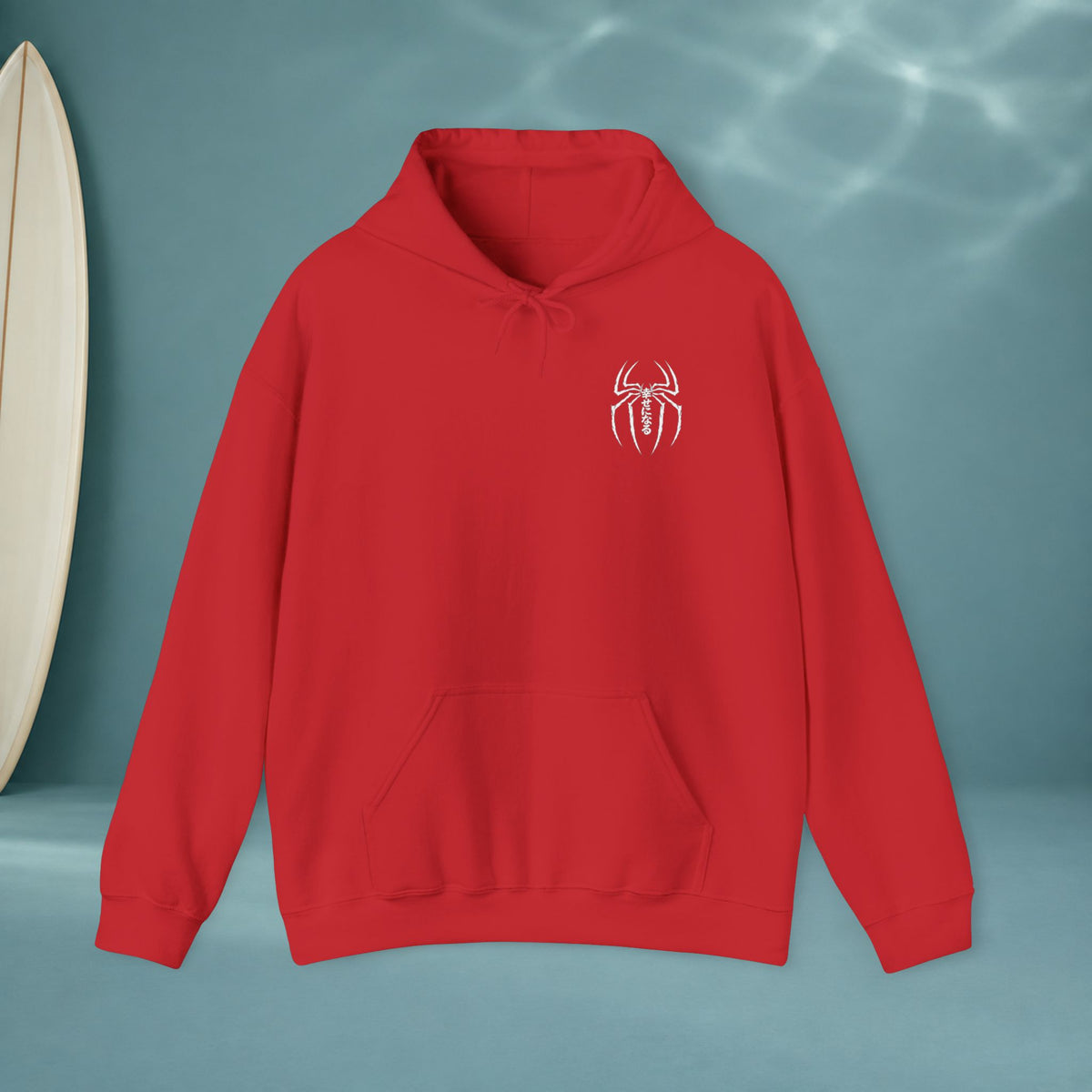 Spider Emblem Hoodie — Red Kanji Back Graphic