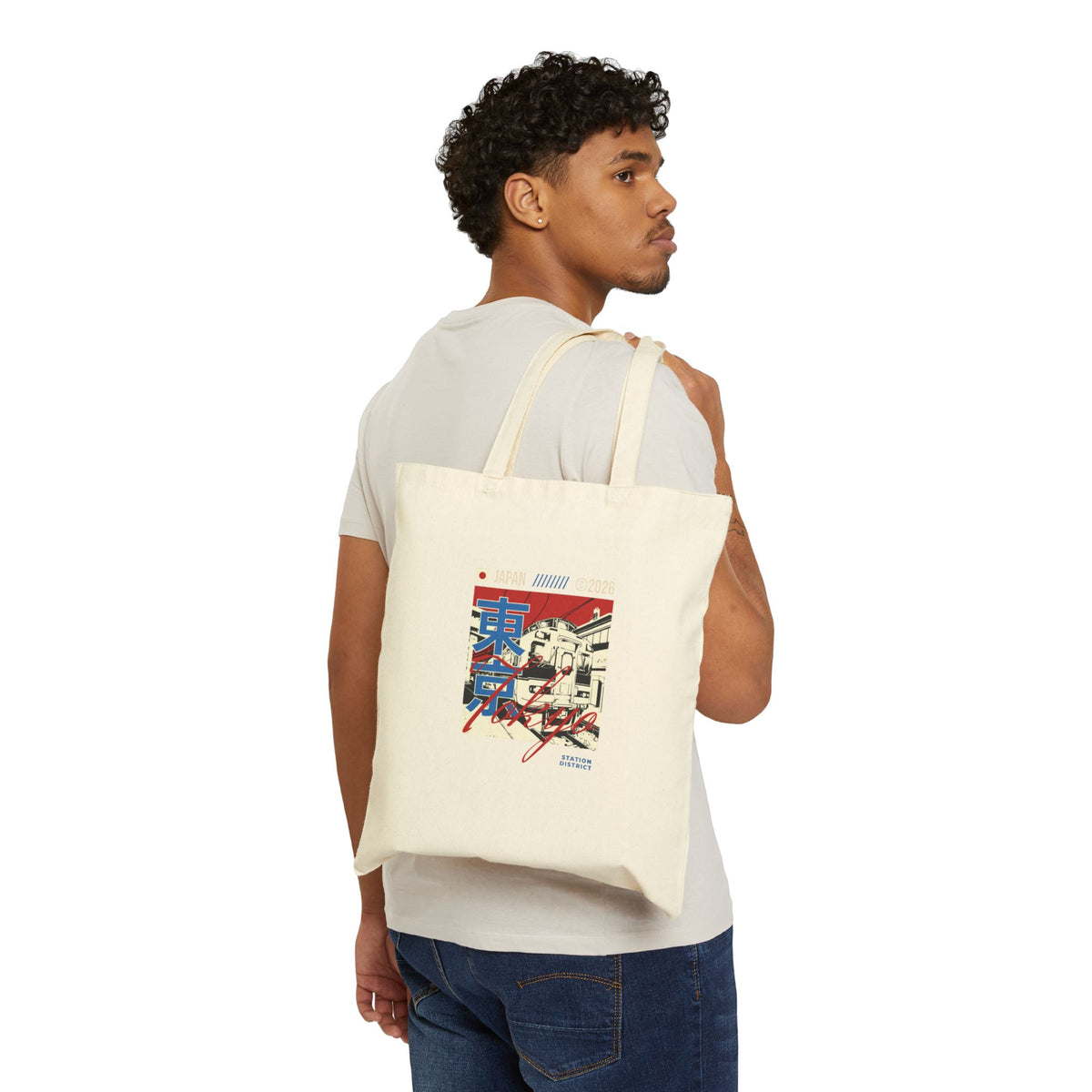 Tokyo Street Scene Canvas Tote Bag — Vintage Retro Train Graphic