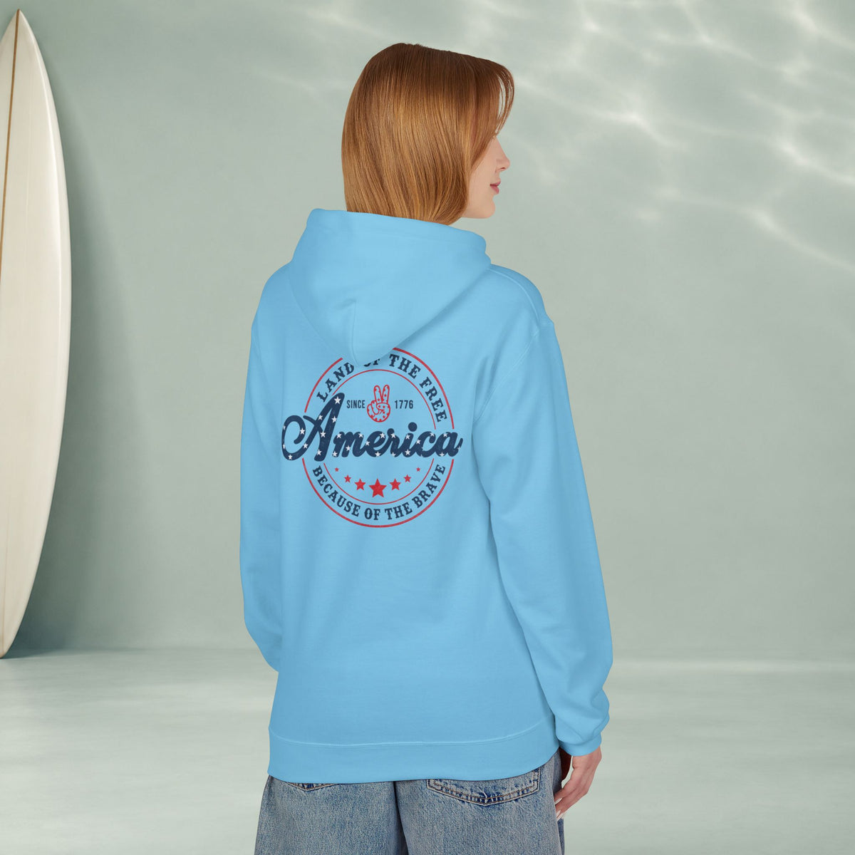 America Vintage Badge Hoodie — "Land of the Free, Because of the Brave"