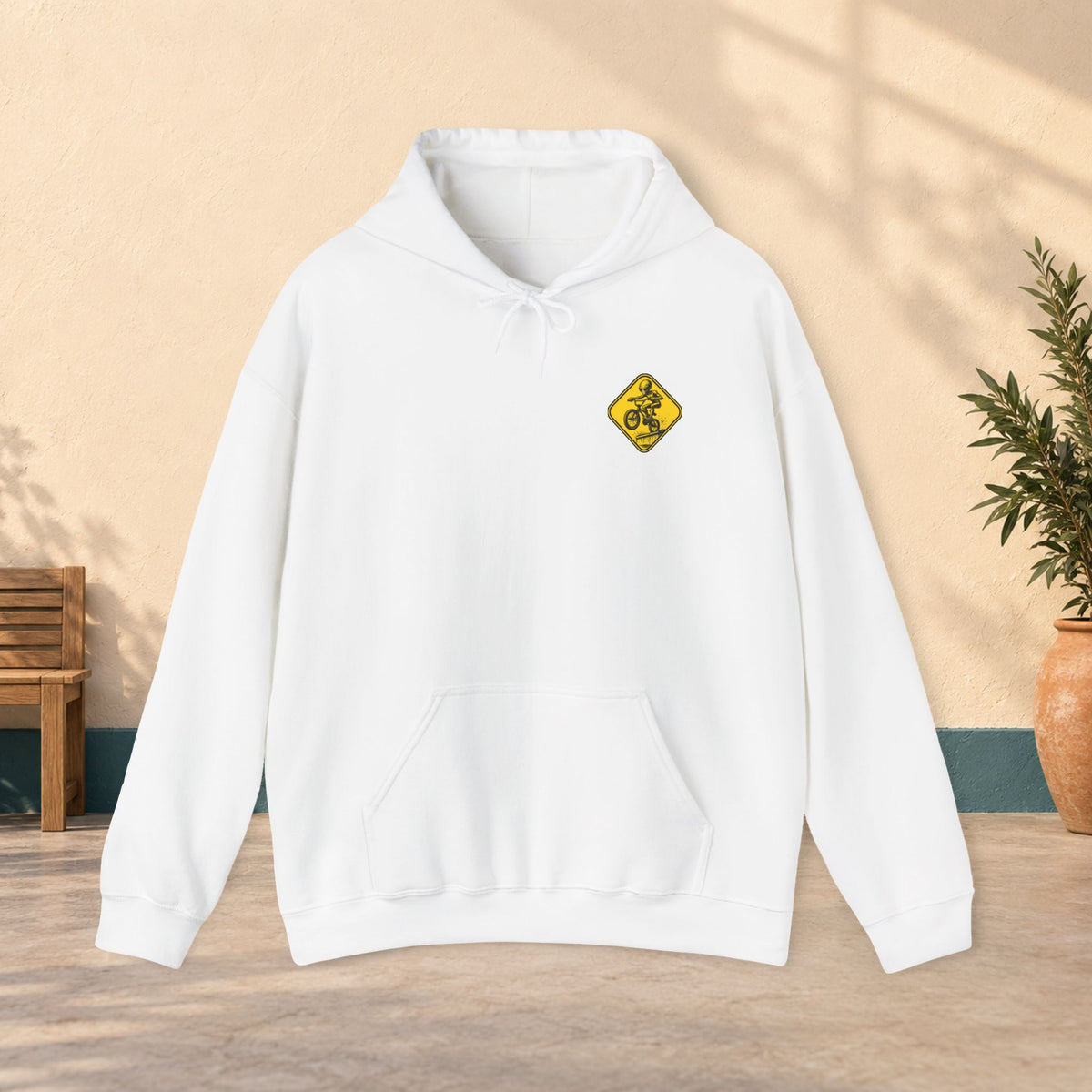 Jump Rider Hoodie — Yellow Warning Sign Graphic Pullover