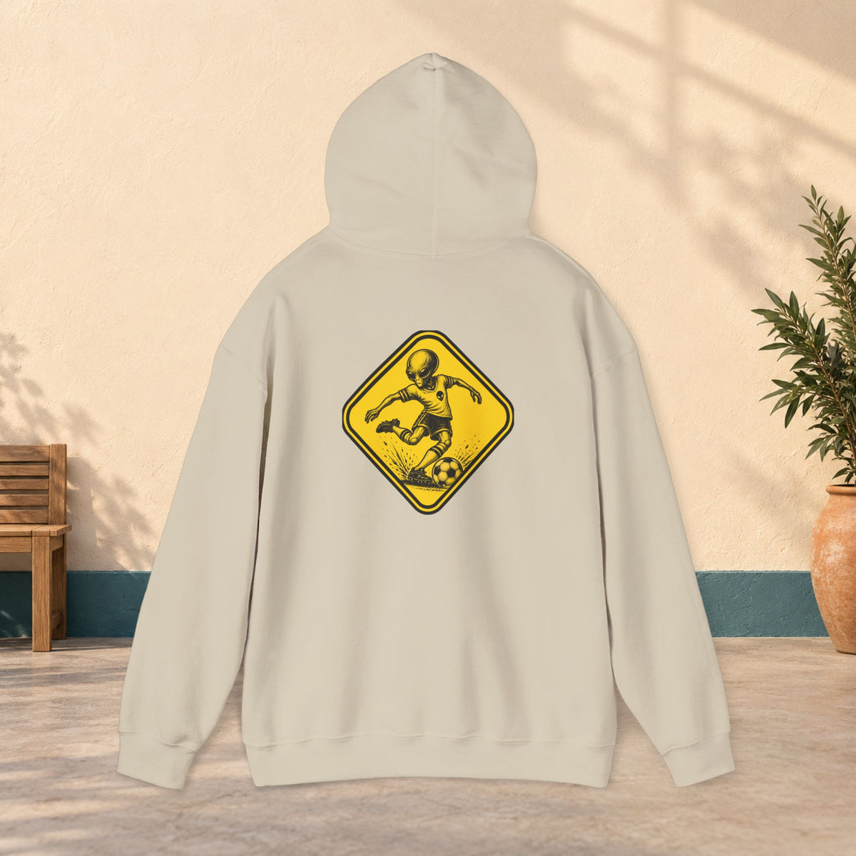 Soccer Player Caution Sign Hoodie — Vintage Yellow Road Sign Football Sweatshirt