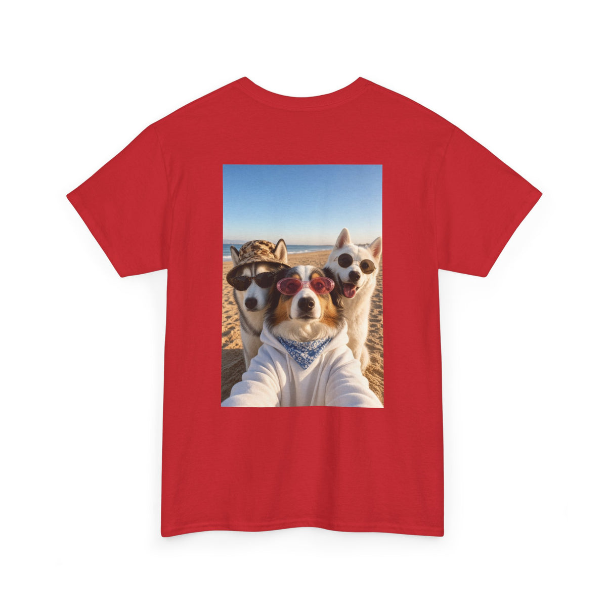 Dog Selfie Beach T‑Shirt — Cute Trio Sunglasses Photo Tee