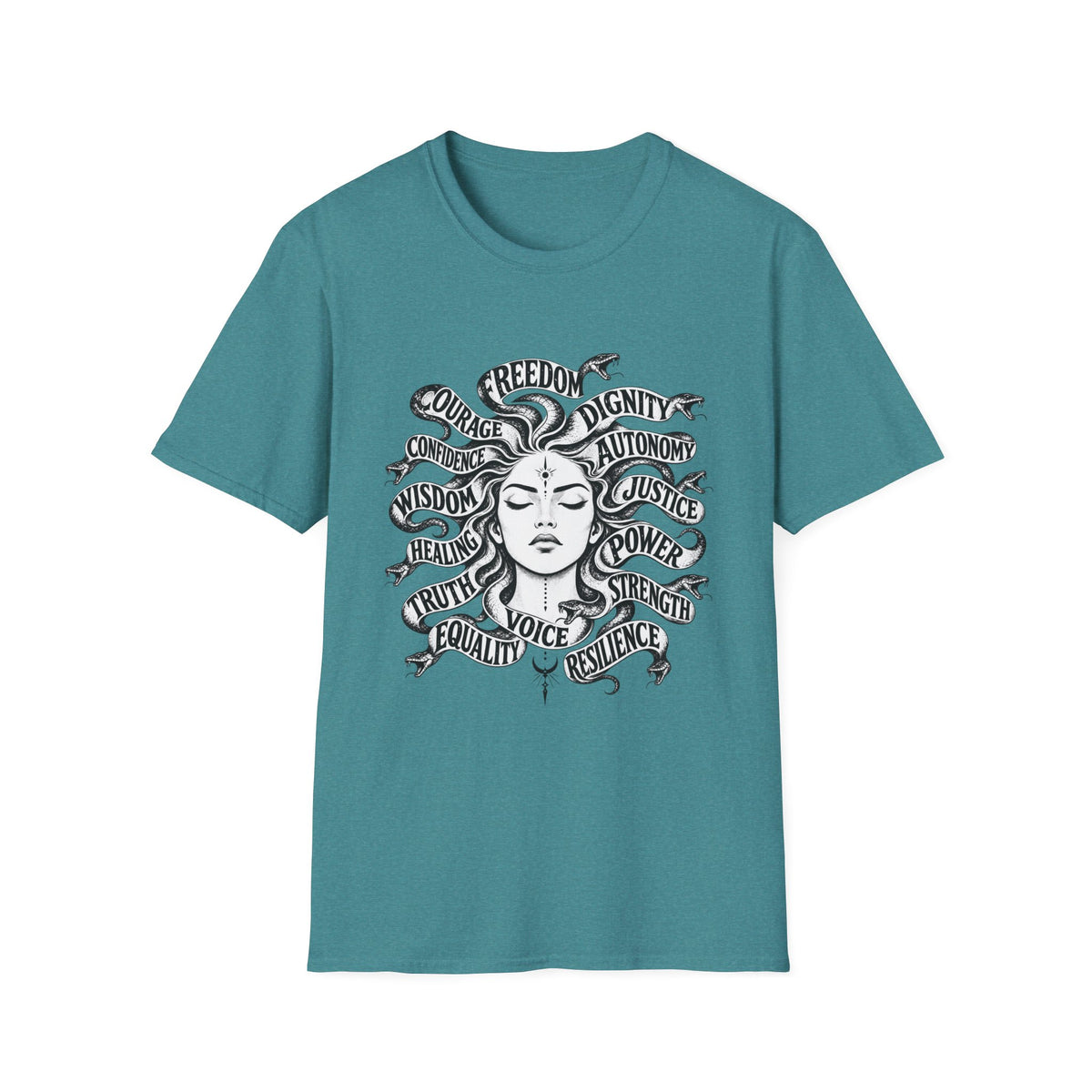 T-Shirt — Feminist Goddess Typography Tee (Freedom • Dignity • Autonomy • Justice)