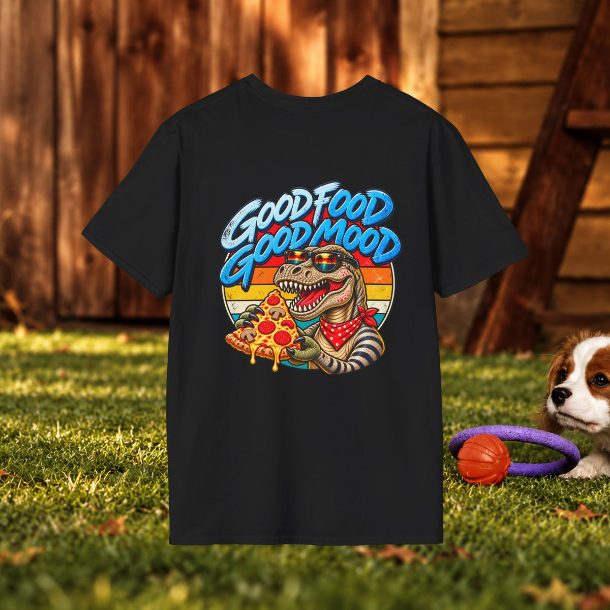 T-Shirt — "Good Food Good Mood" Raccoon Pizza Graphic Tee