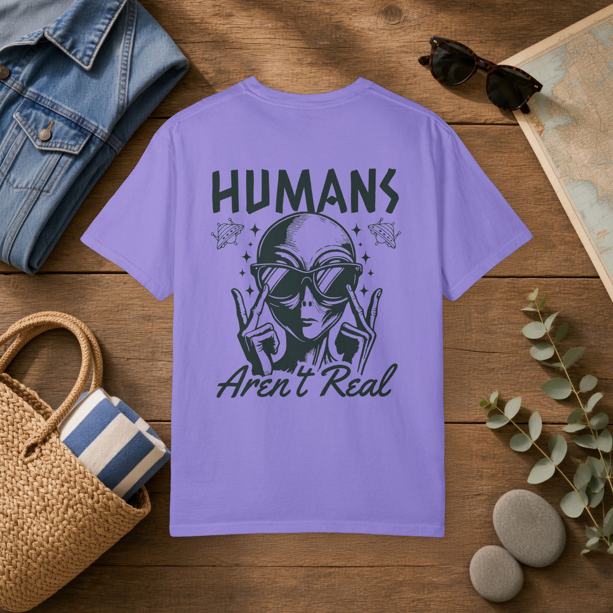 Alien Graphic T-Shirt — "Humans Aren't Real" Retro UFO Tee