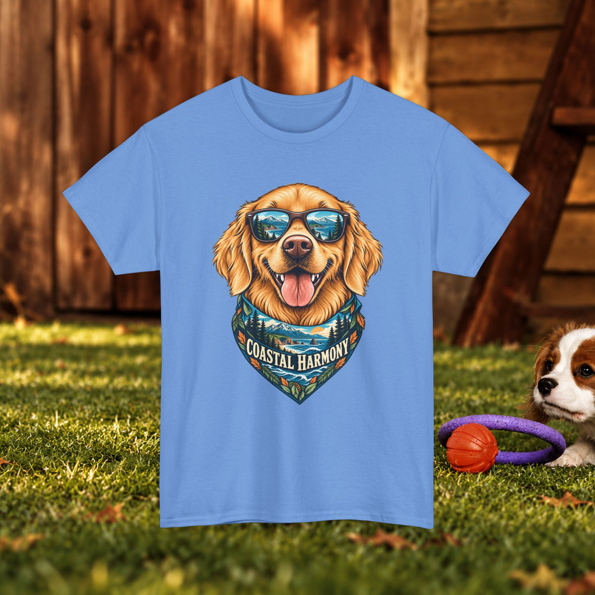Golden Retriever Coastal Harmony T-Shirt — Dog Lover Beach Tee