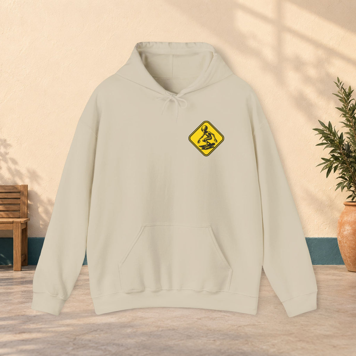 Skater Crossing Hoodie — Yellow Skateboard Warning Sign Sweatshirt