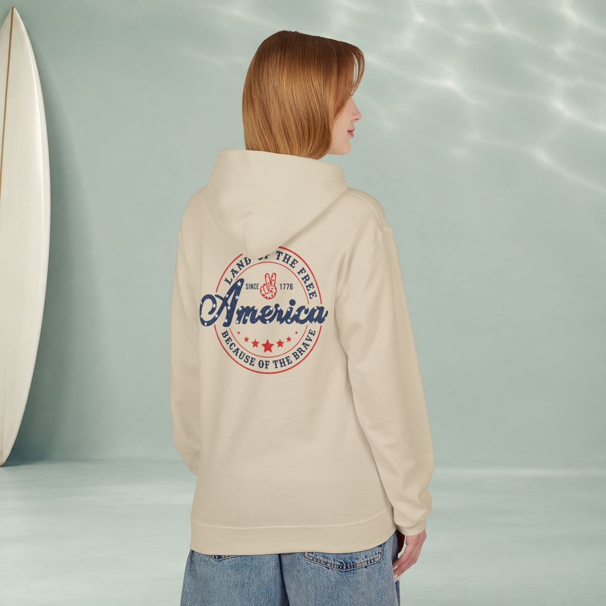 America Vintage Badge Hoodie — "Land of the Free, Because of the Brave"