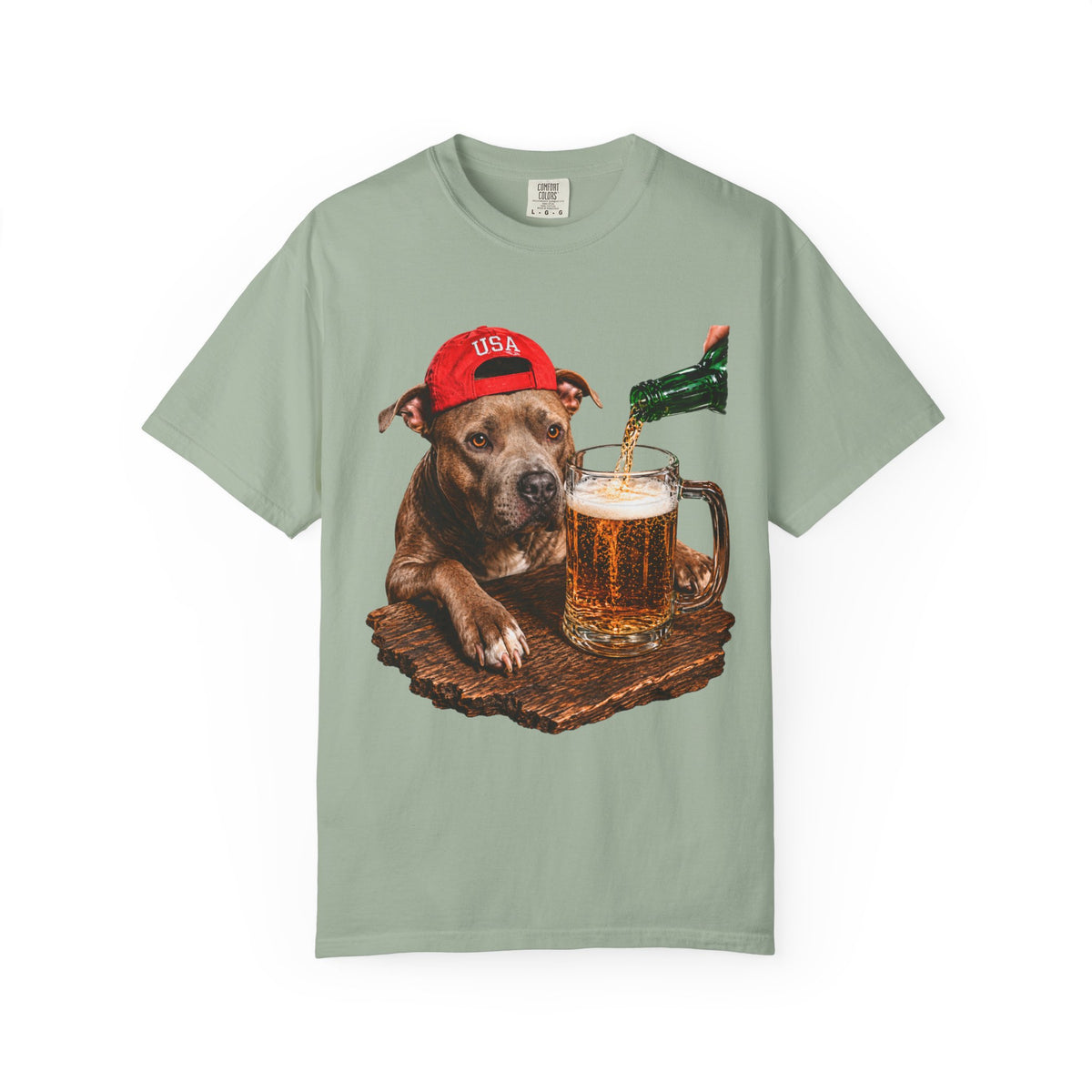 Dog with Beer T-Shirt — USA Red Cap Pitbull Drinking Beer Graphic Tee