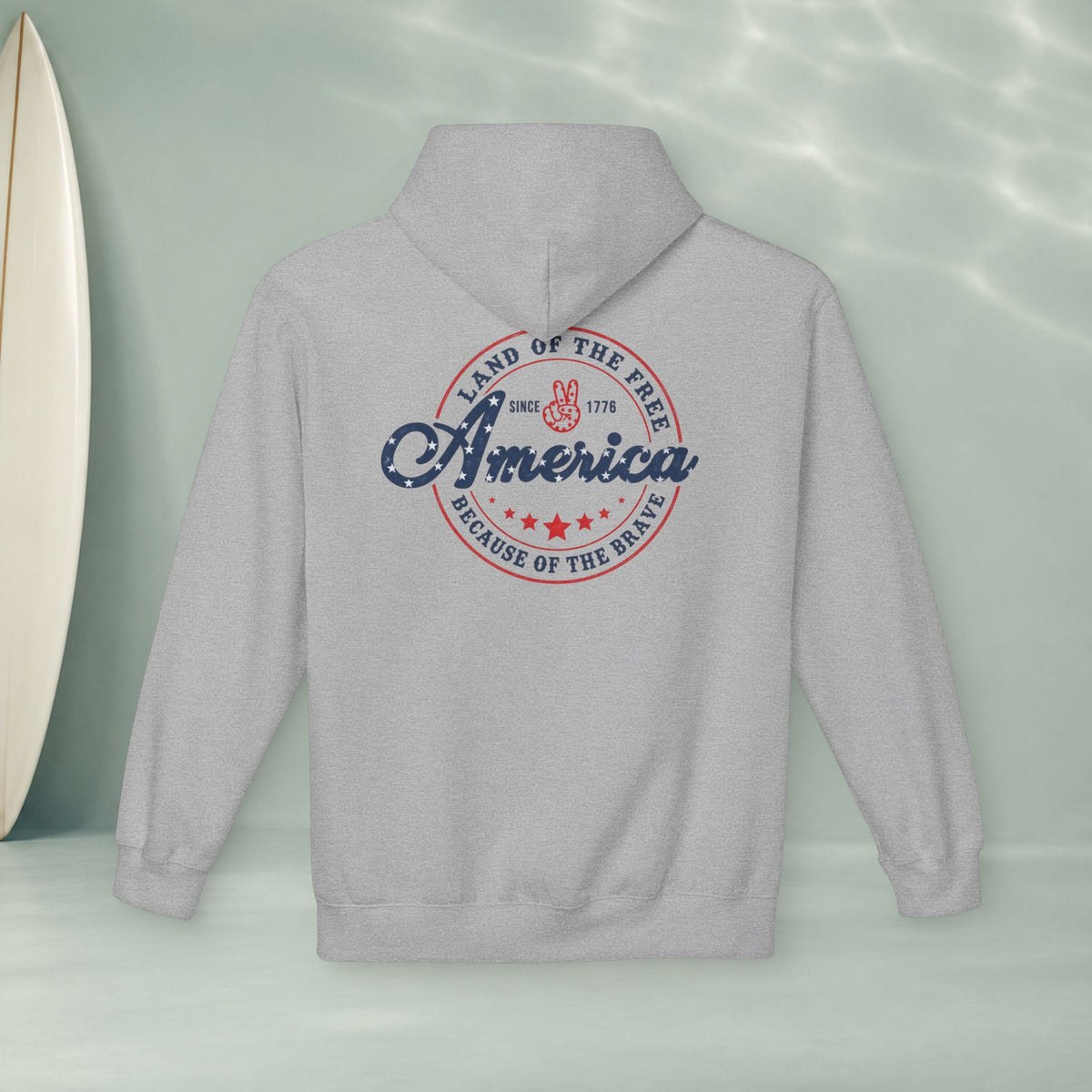 America Vintage Badge Hoodie — "Land of the Free, Because of the Brave"