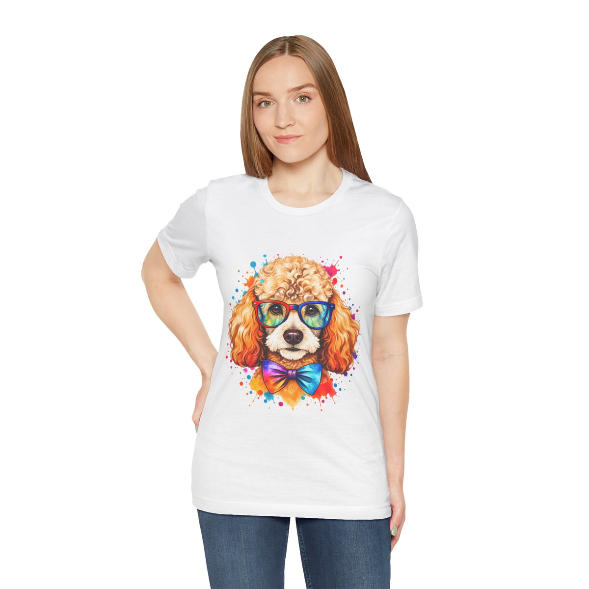 Poodle Portrait T-Shirt - Colorful Glasses & Bow Tie Dog Tee
