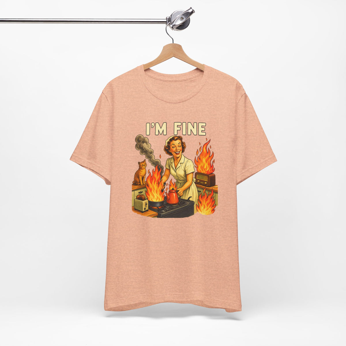I'm Fine T‑Shirt — Retro Housewife Amid Kitchen Flames Graphic Tee