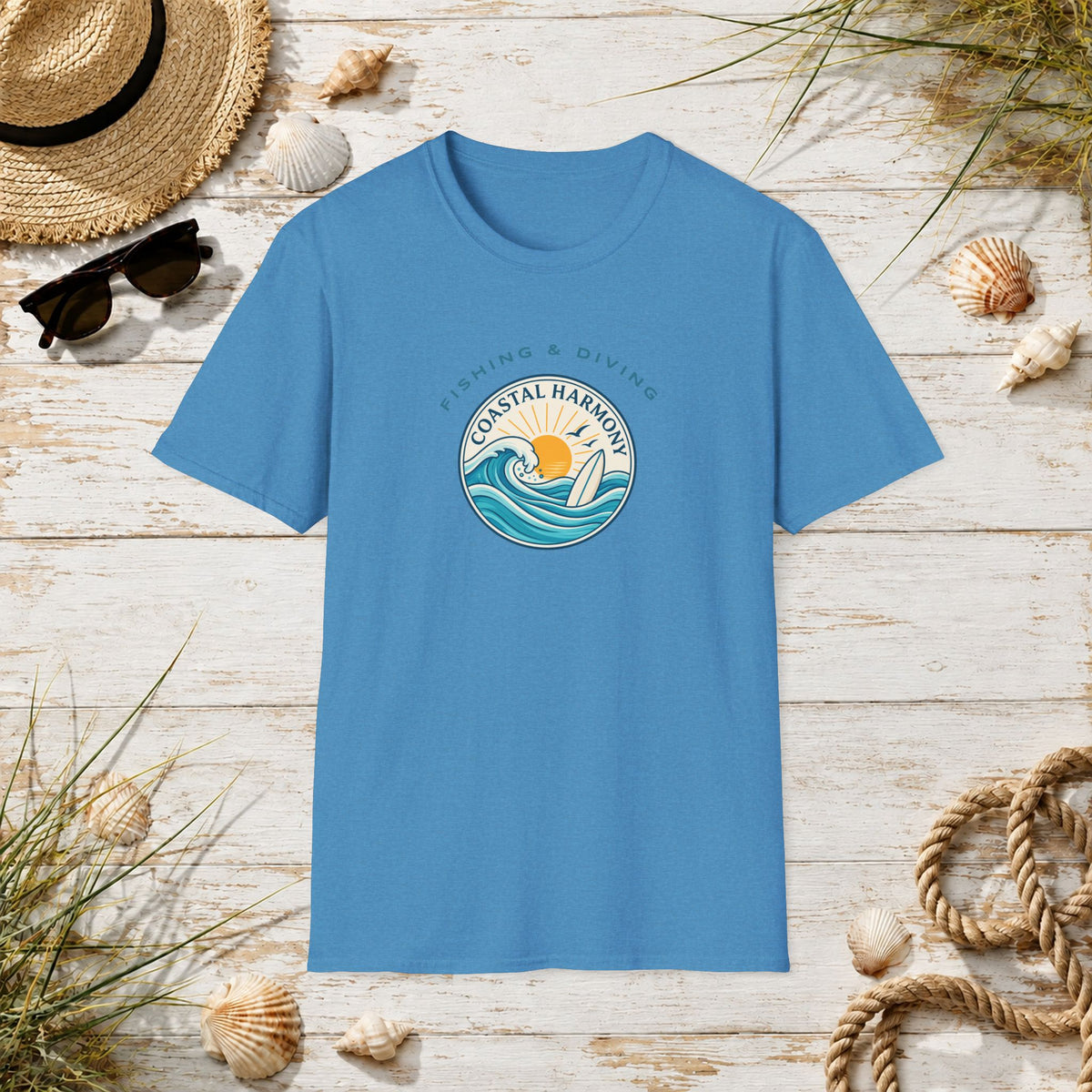 Coastal Harmony Surf & Fishing T-Shirt — Sun, Waves & Surfboard Graphic