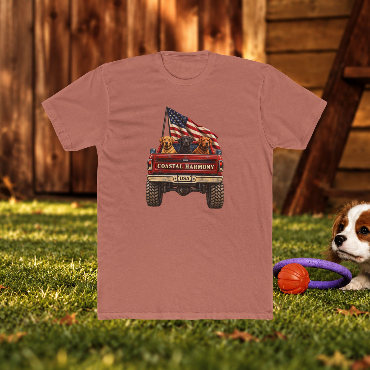 Coastal Harmony USA Golf Cart Tee — Patriotic Dog Truck T-Shirt