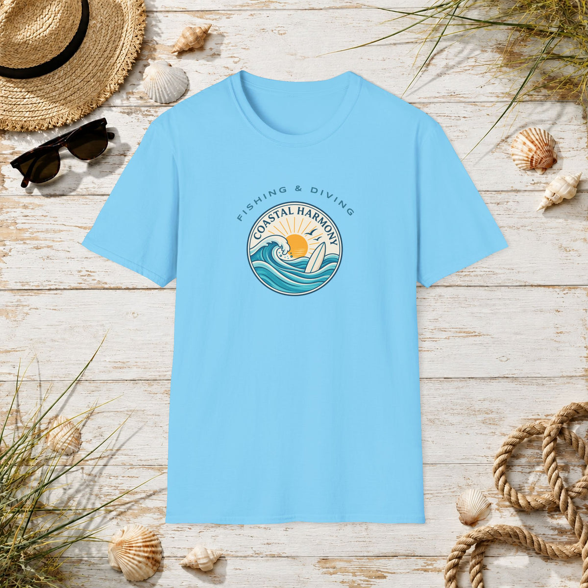 Coastal Harmony Surf & Fishing T-Shirt — Sun, Waves & Surfboard Graphic