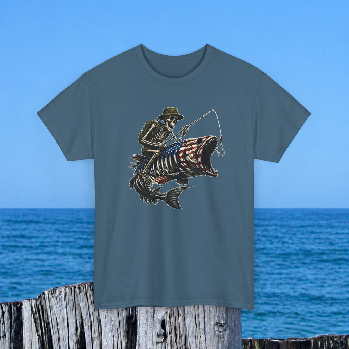 Fishing Skeleton T-Shirt — Patriotic American Fish Skull Graphic Tee