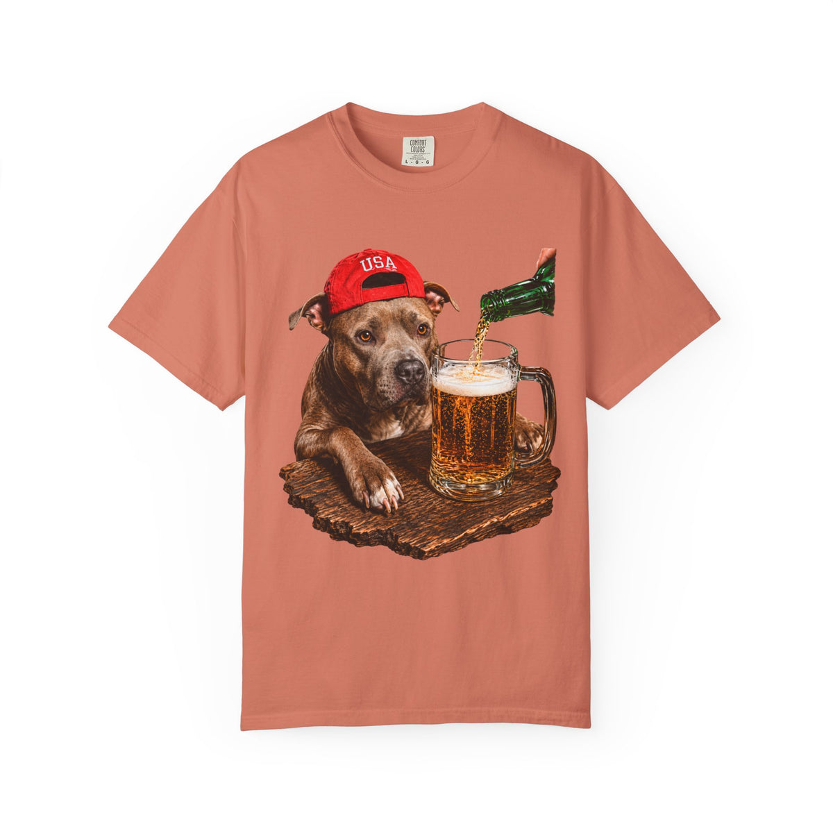 Dog with Beer T-Shirt — USA Red Cap Pitbull Drinking Beer Graphic Tee