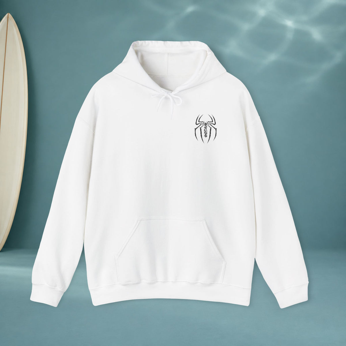 Spider Emblem Hoodie — Red Kanji Back Graphic